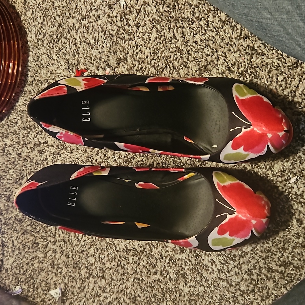 ELLE black Floral platform wedge Synthetic Black Pink satin high heels size 9